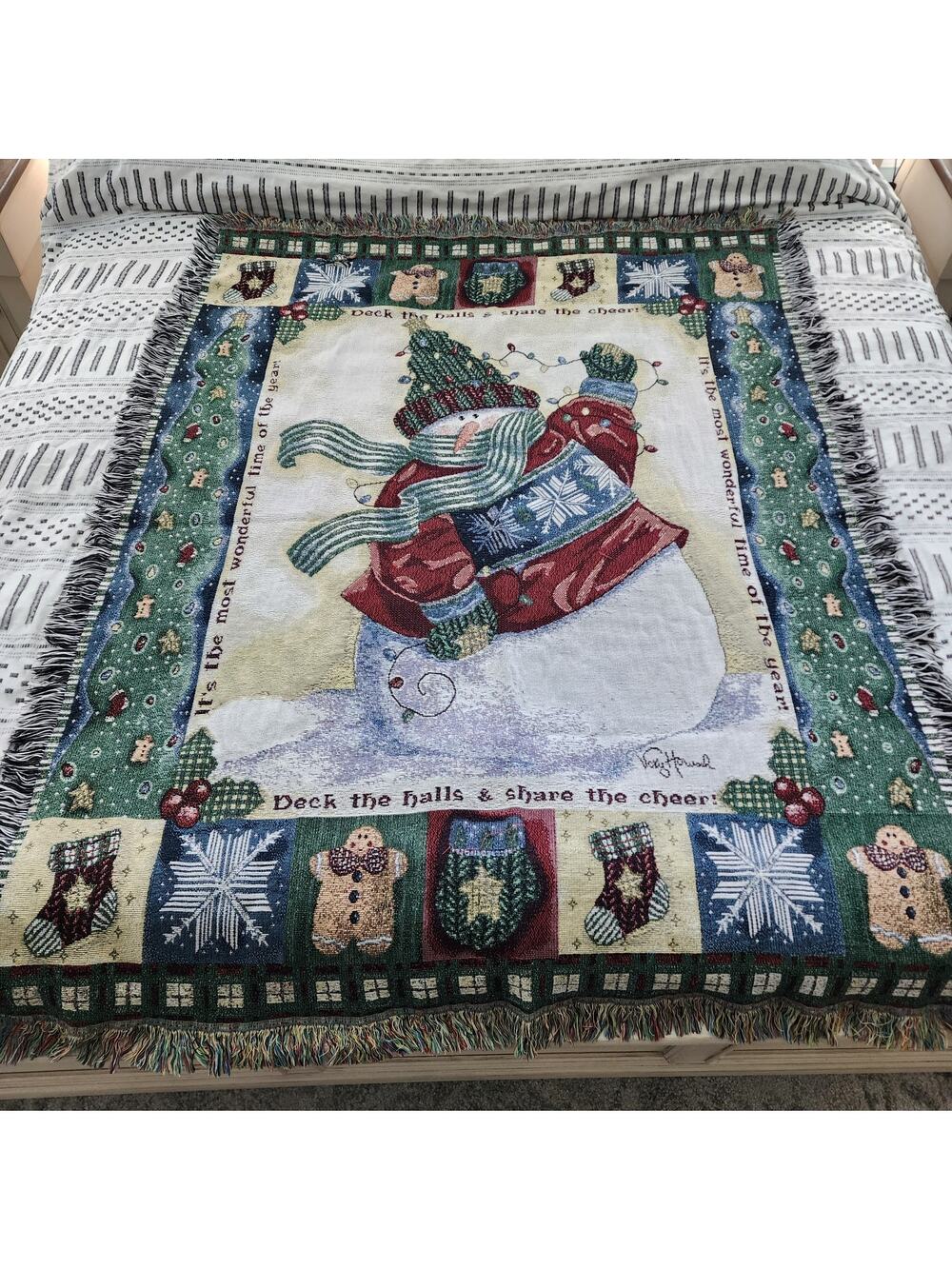 Deck The Halls Tapestry Throw Blanket Christmas Snowman 50x68 Vicky Howard Vtg